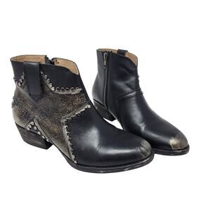 Corral Circle G Black Cowhide Leather Star Inlay Studded Zip Ankle Boots Sze 10